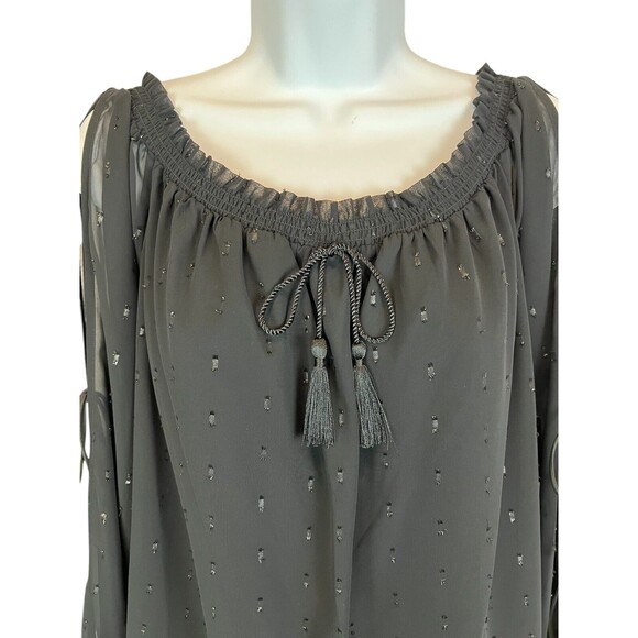 Guess Toya Off-Shoulder Smocked Blouse S NWT Black Shimmer Sheer Lined LS Top - Picture 5 of 9